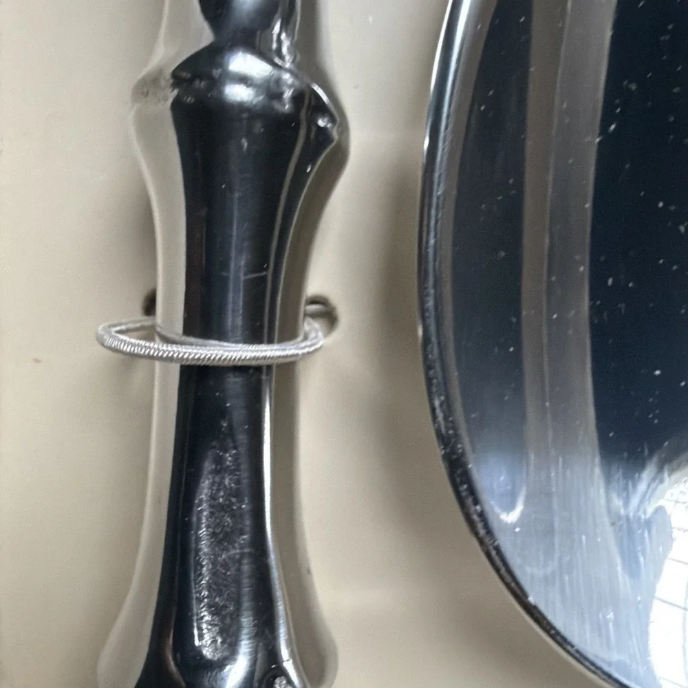 Silver Tone Bamboo Handle Salad Serving Set Fork Spoon Unmarked VTG In Box Heavy
